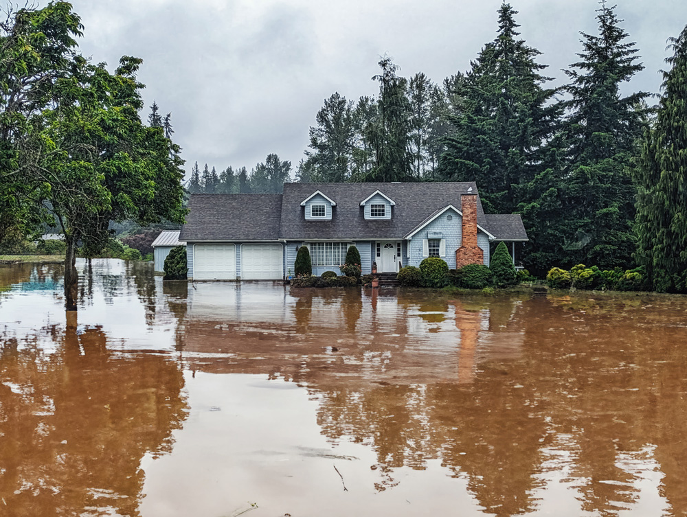 a house surrounded by water